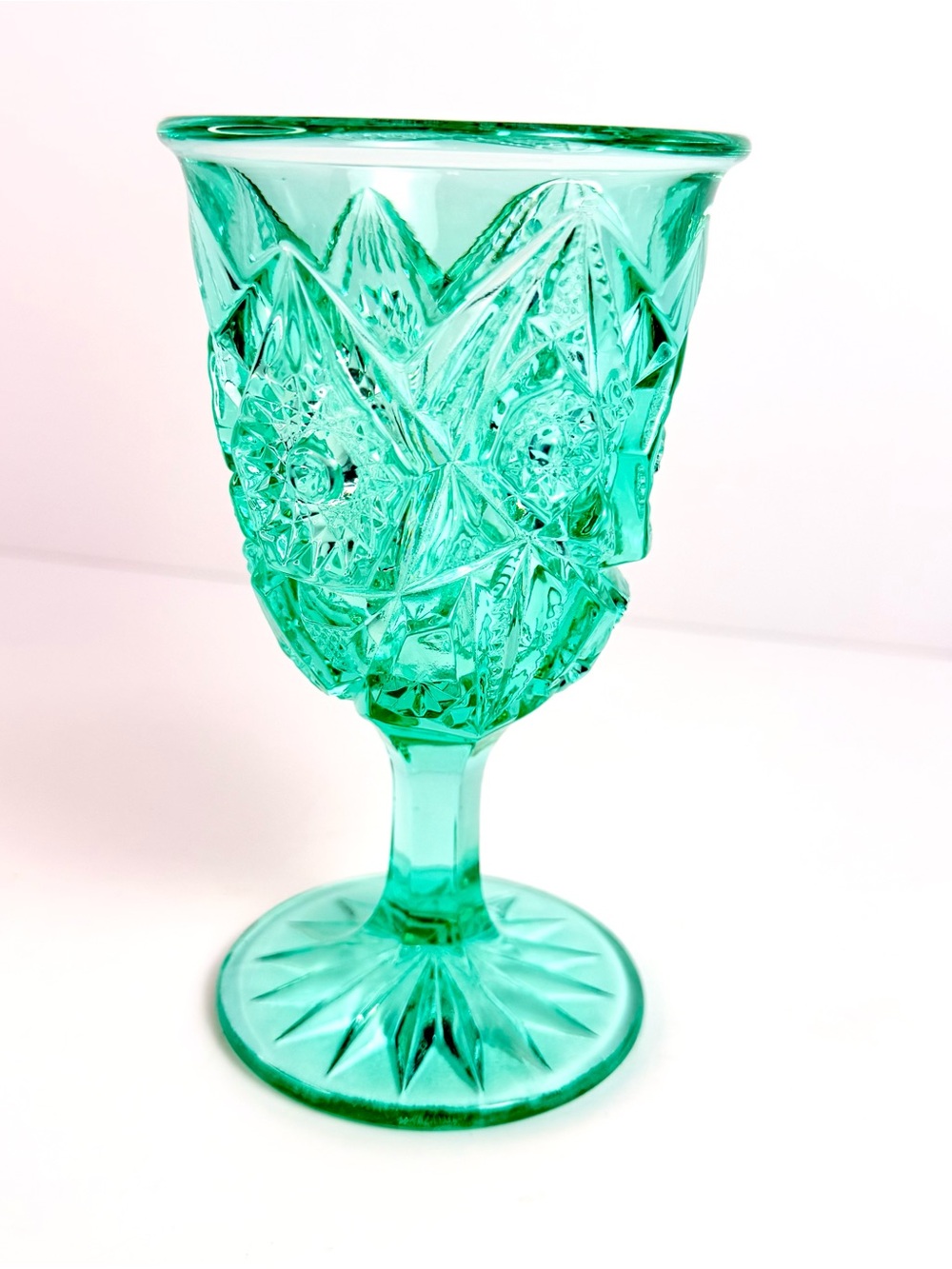 Vintage Imperial Aqua Glass Water Goblet Feather Notching Mint Condition